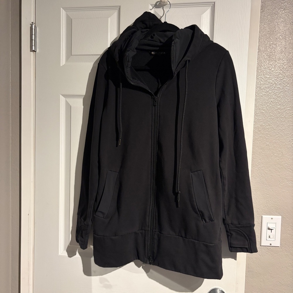 Athleta Womens Black Full Zip Hoodie Longline Fleece Jacket Thumbholes Size M